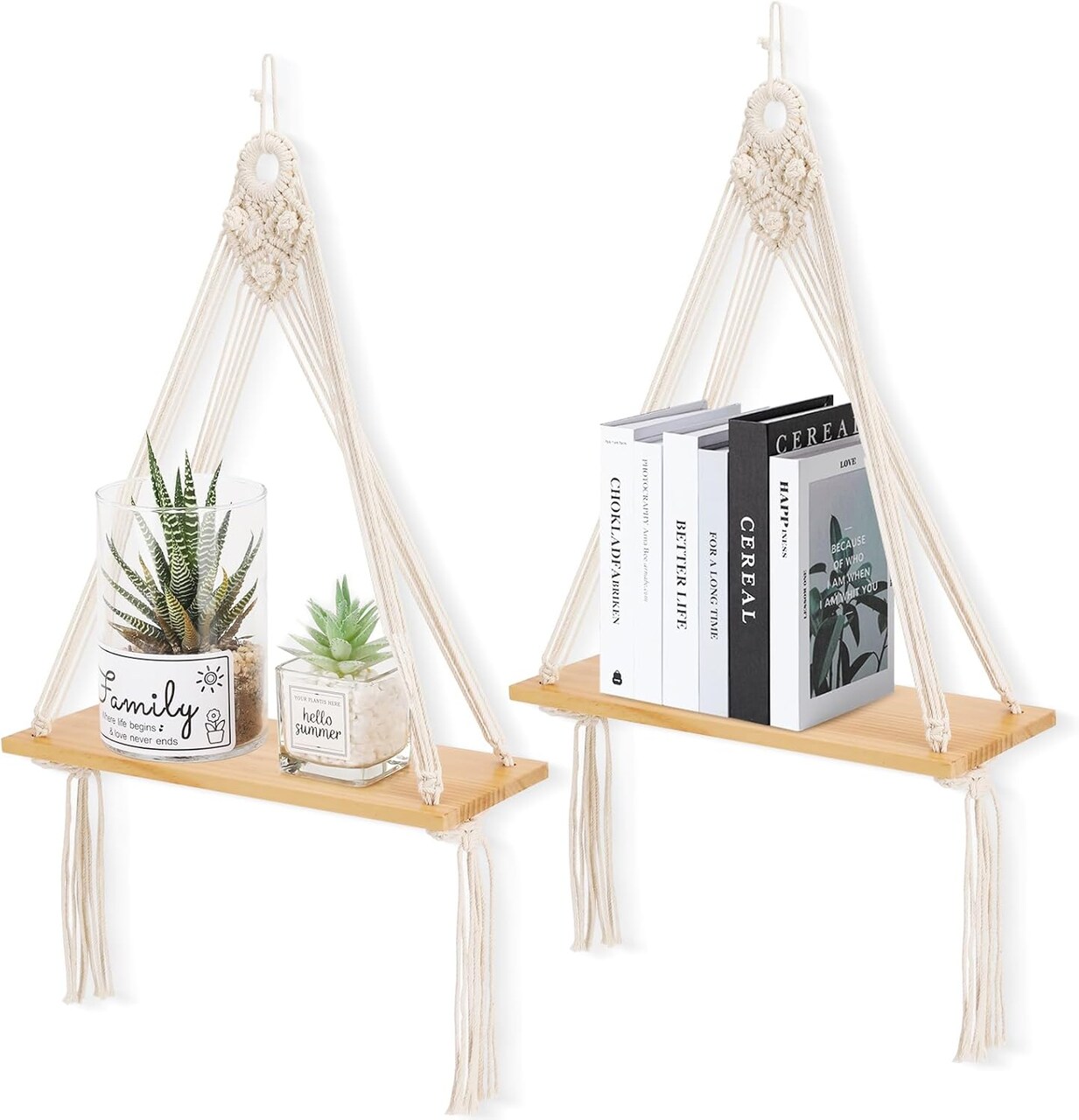 Macrame Wall Hanging Shelf Set of 2 — Boho Floating Wooden Shelves with Handmade Woven Rope, Rustic Farmhouse Plant Display for Bedroom, Dorm, Nursery, Living Room, or Bathroom
